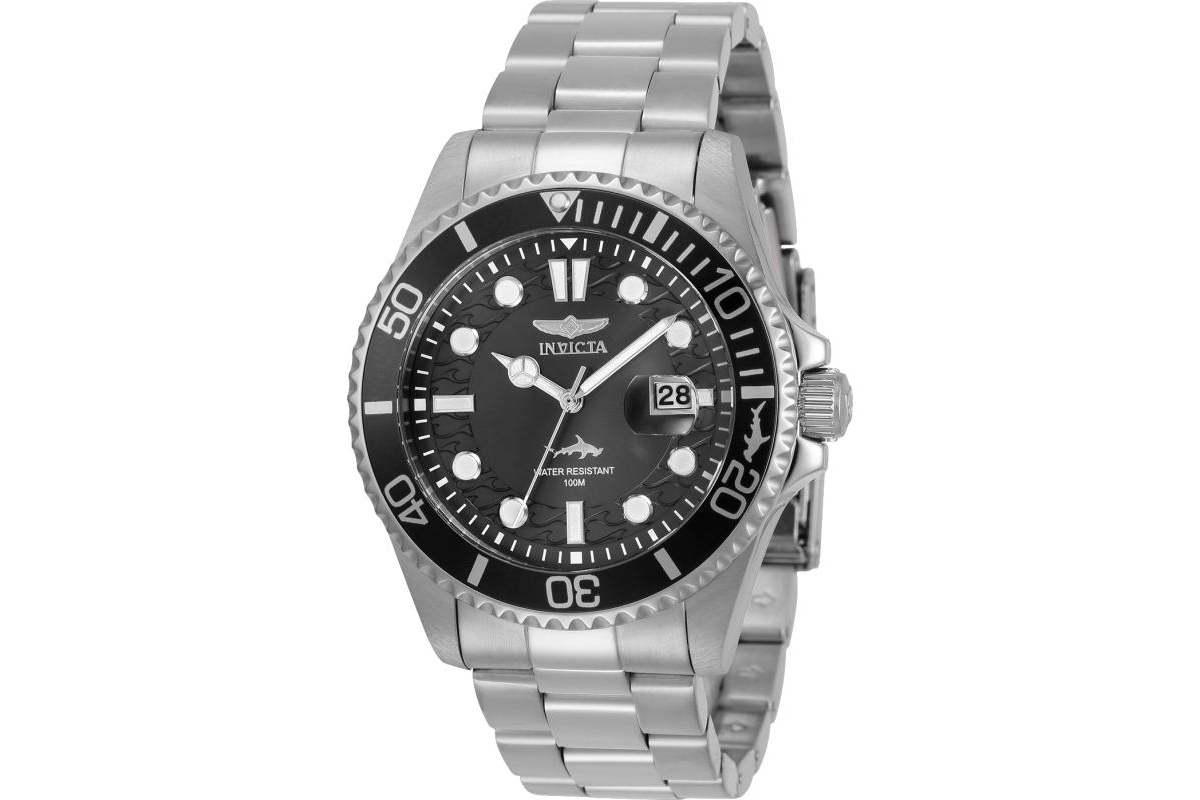 Men's 30018 Pro Diver Quartz 3 Hand Black Dial Watch - Silver