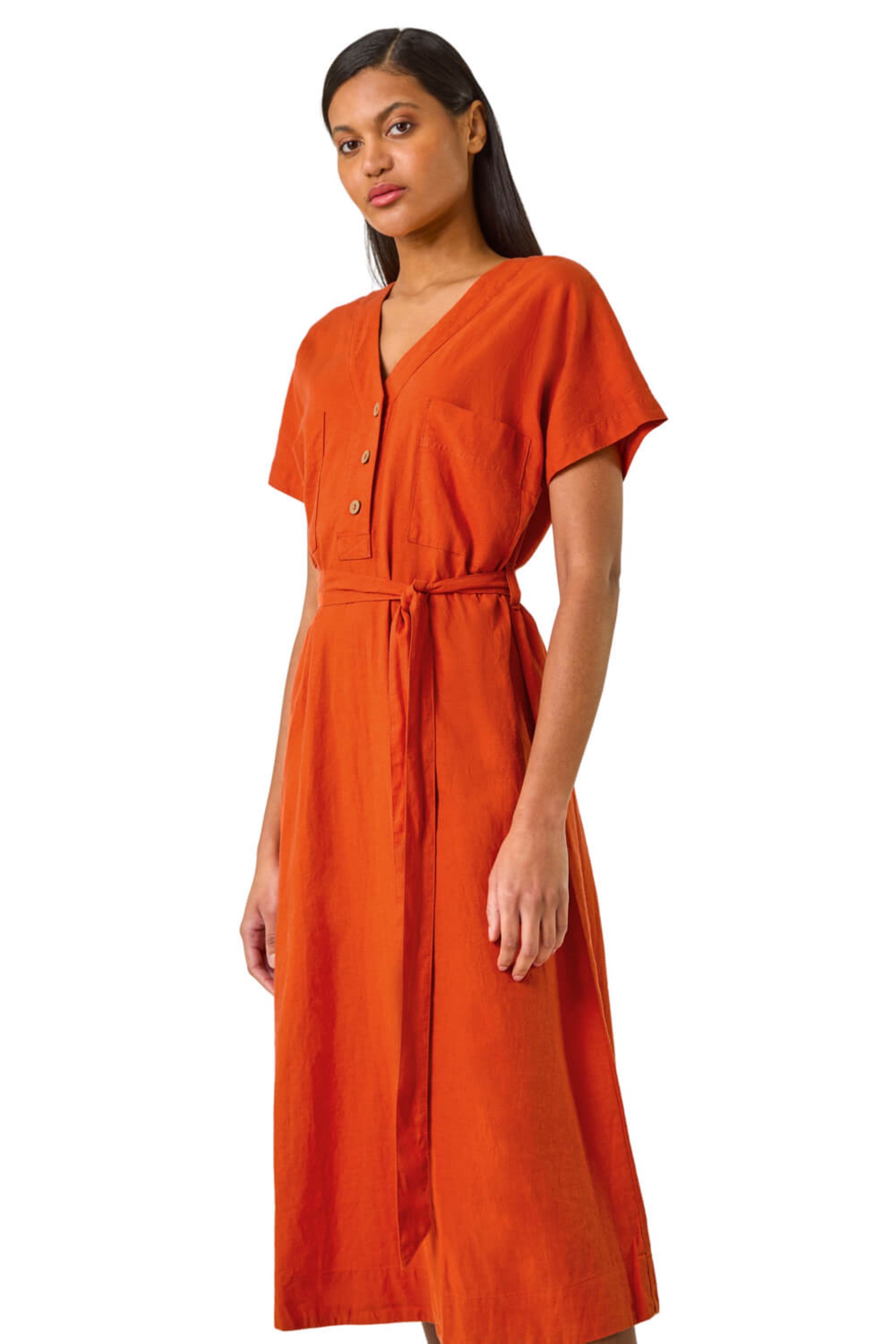 Roman Womens Button Linen Mix Midi Dress - Orange