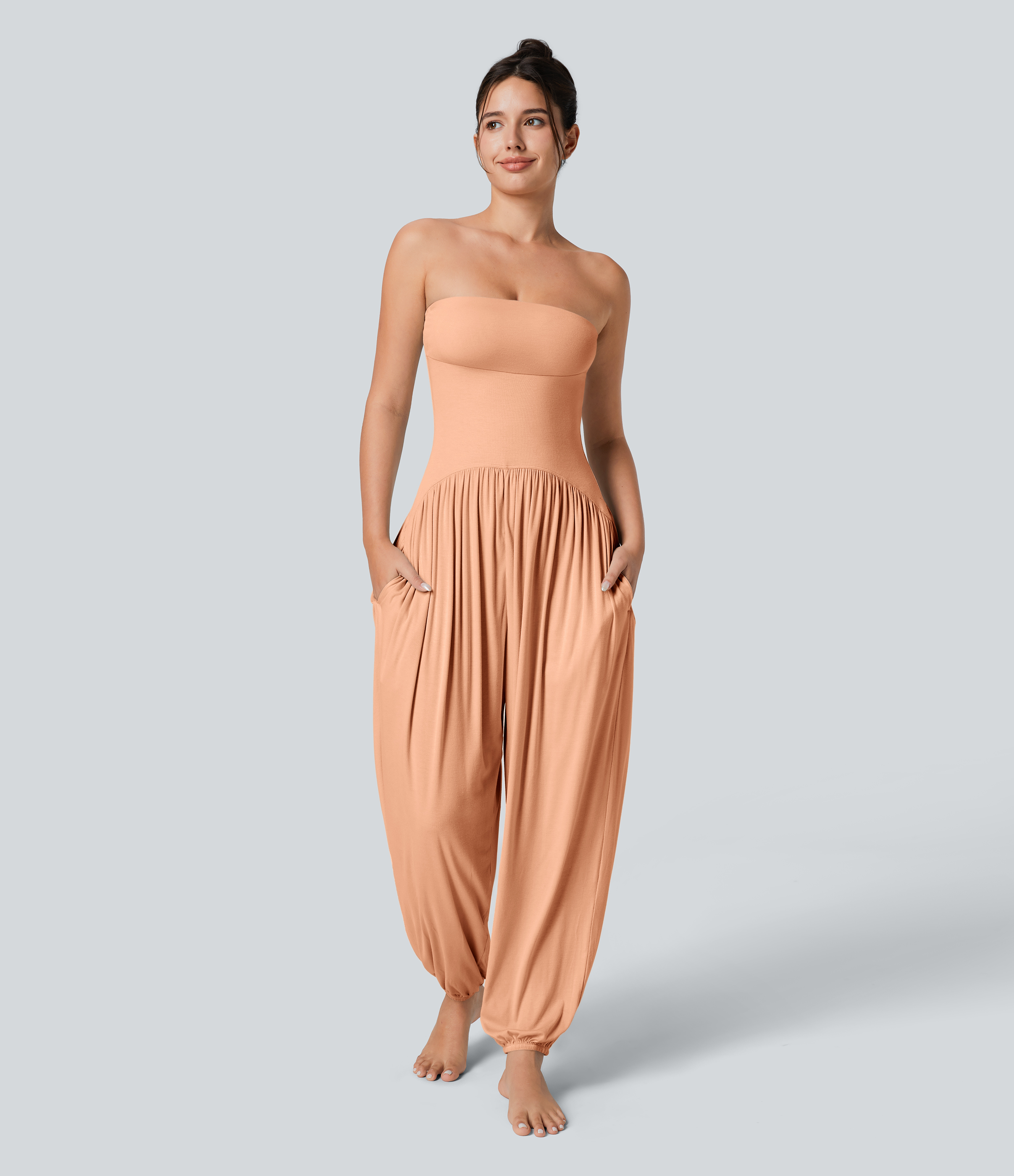 Ribbed Tube Backless Side Pocket Casual Jumpsuit  - Sunset Orange