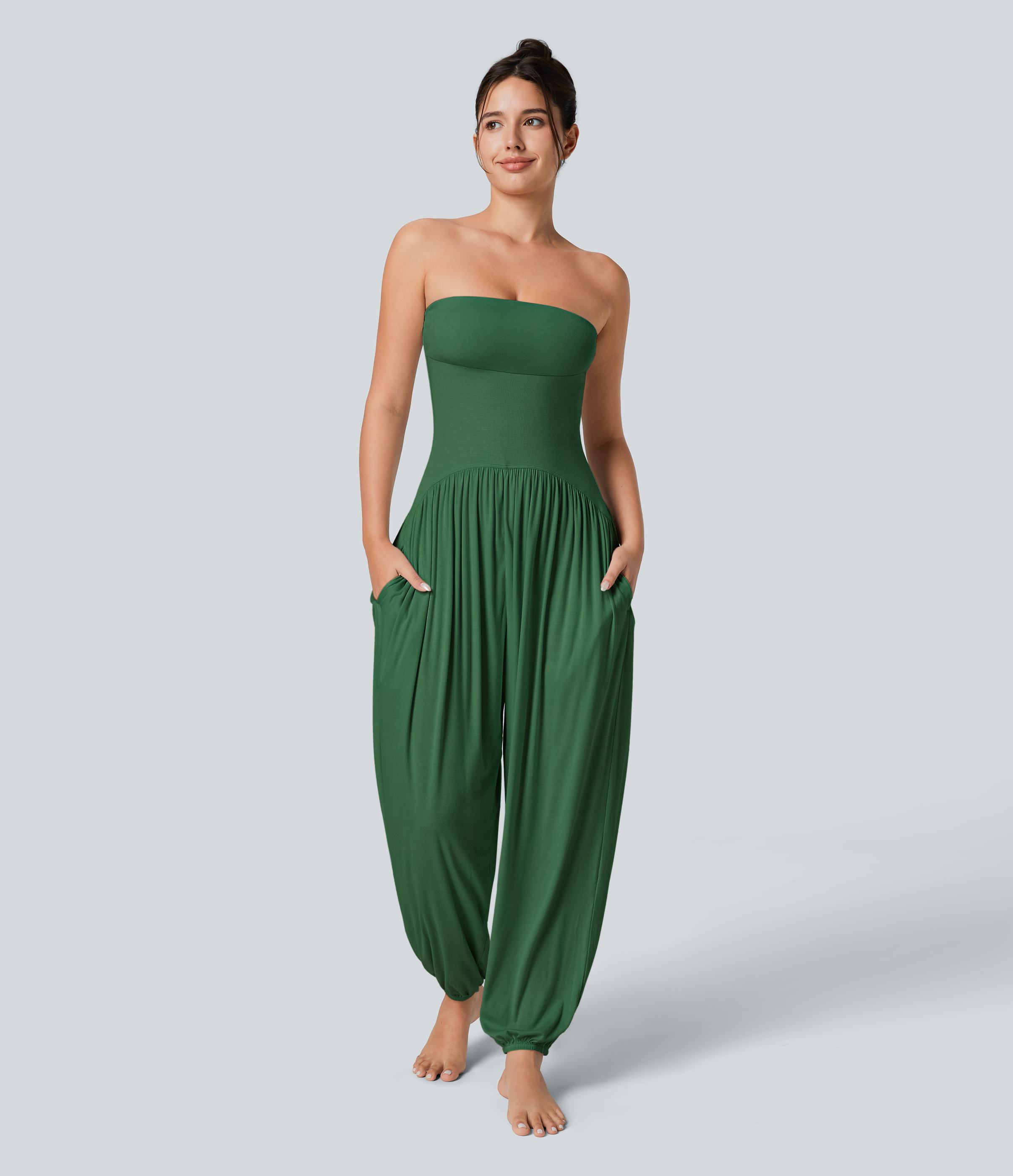 Ribbed Tube Backless Side Pocket Casual Jumpsuit  - Dark Verdant Green