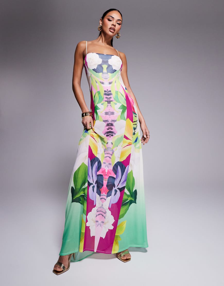 Shea mesh maxi dress with bodysuit in tropical print-Multi