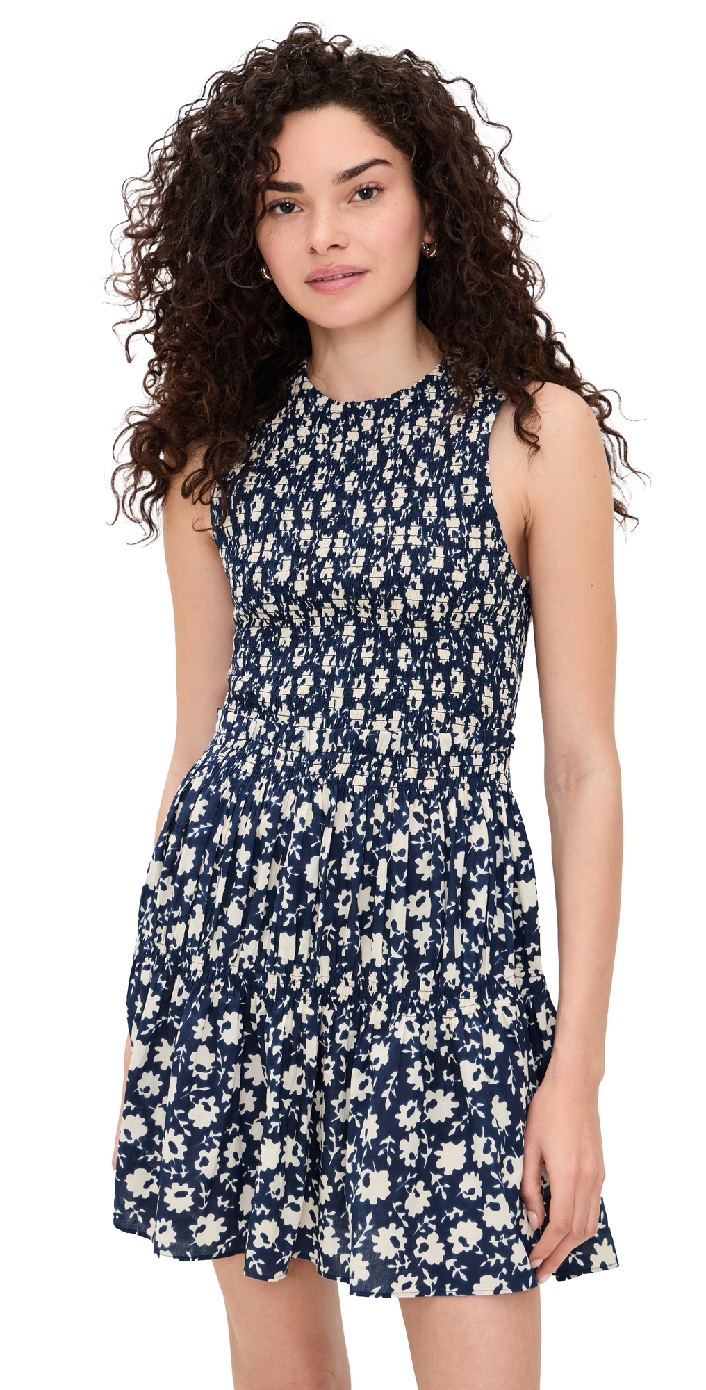 Lore Smocked Mini Dress Navy Floral Stamp