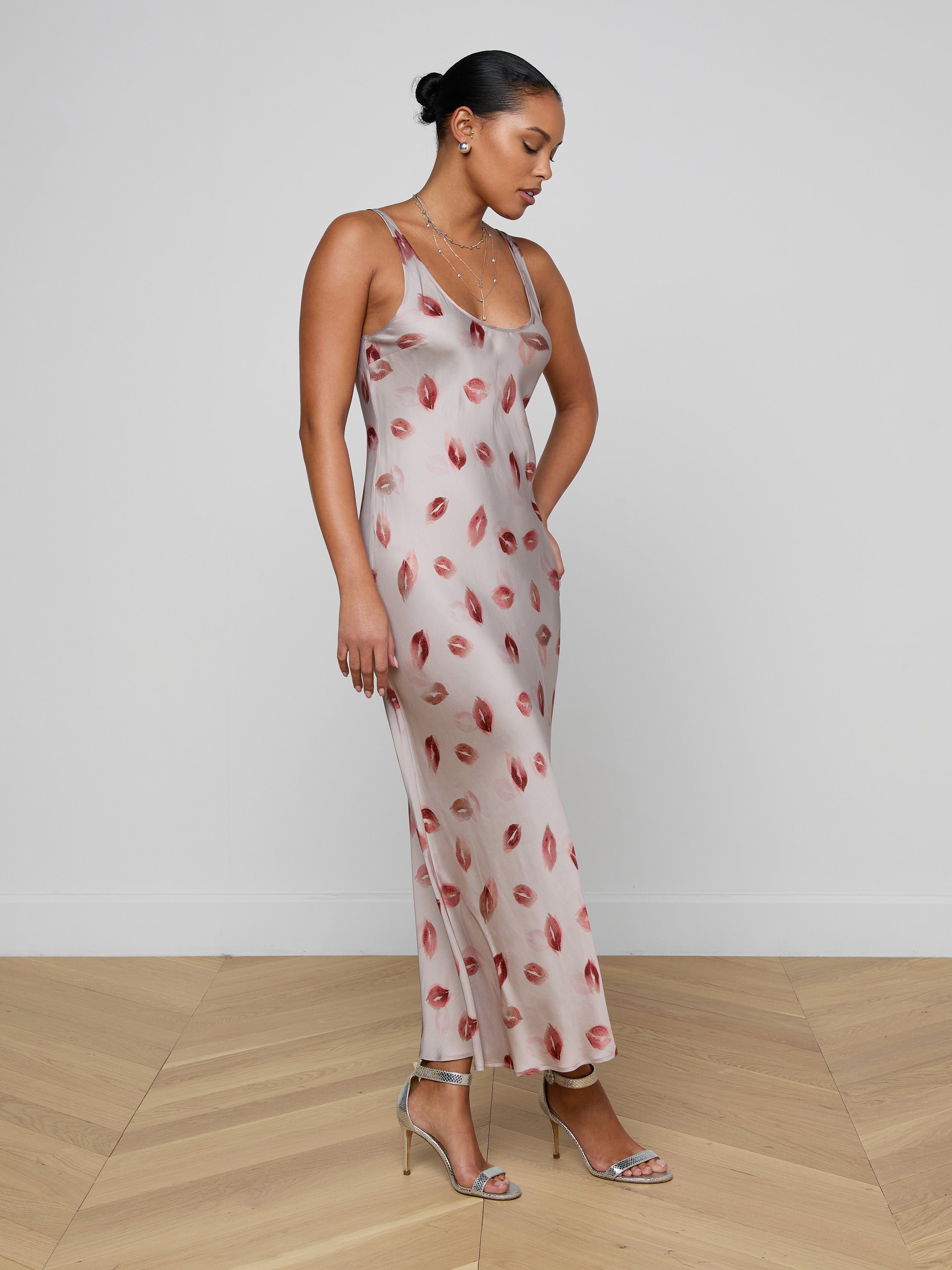 Akiya Satin Maxi Dress In Taupe/dark Red Faded Kiss