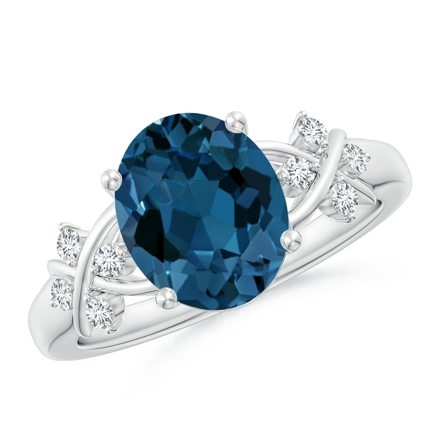 Angara 3.25 Carats Oval London Blue Topaz Criss Cross Ring with Diamonds in Platinum