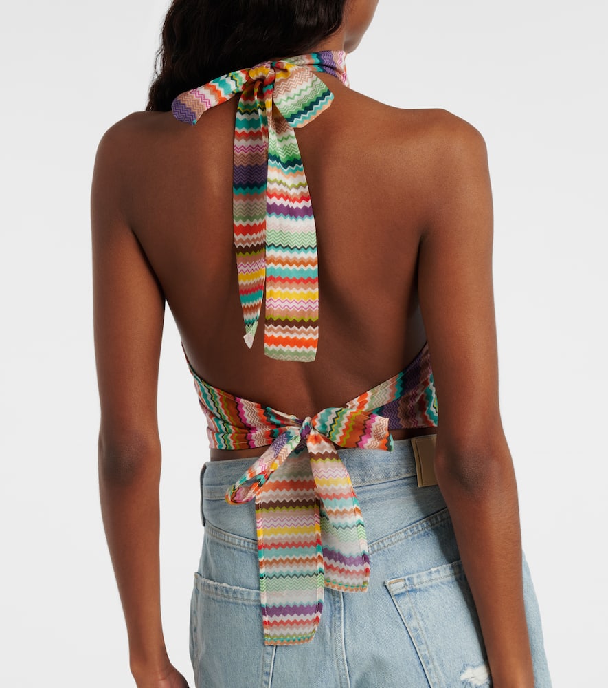 Striped halterneck cotton and silk top