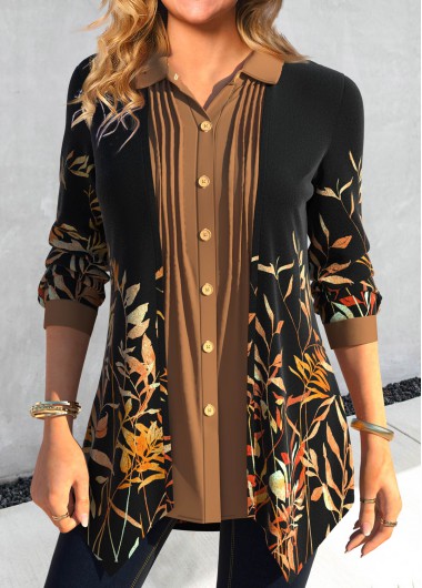 Modlily Black Fake 2in1 Leaf Print Long Sleeve Blouse