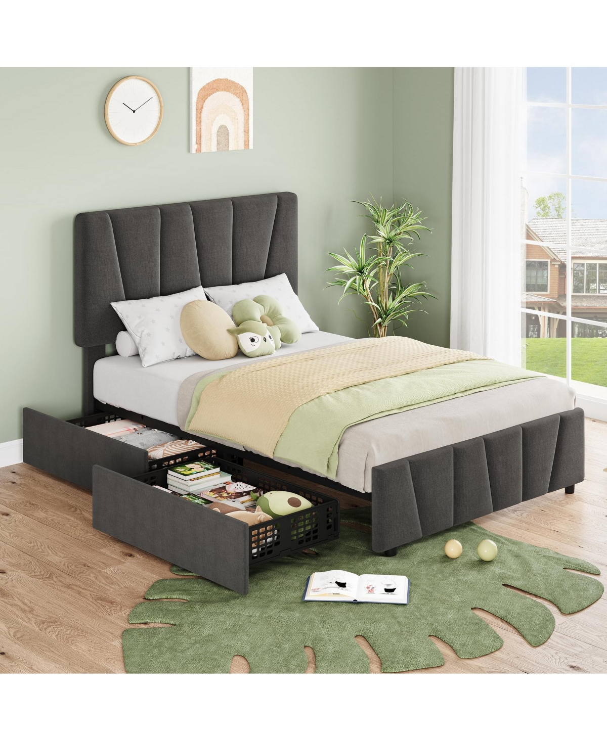 Twin Size Bed Frame with Adjustable Headboard and 4 Storage Drawers, Upholstered Platform Bed Frame - Dark Grey