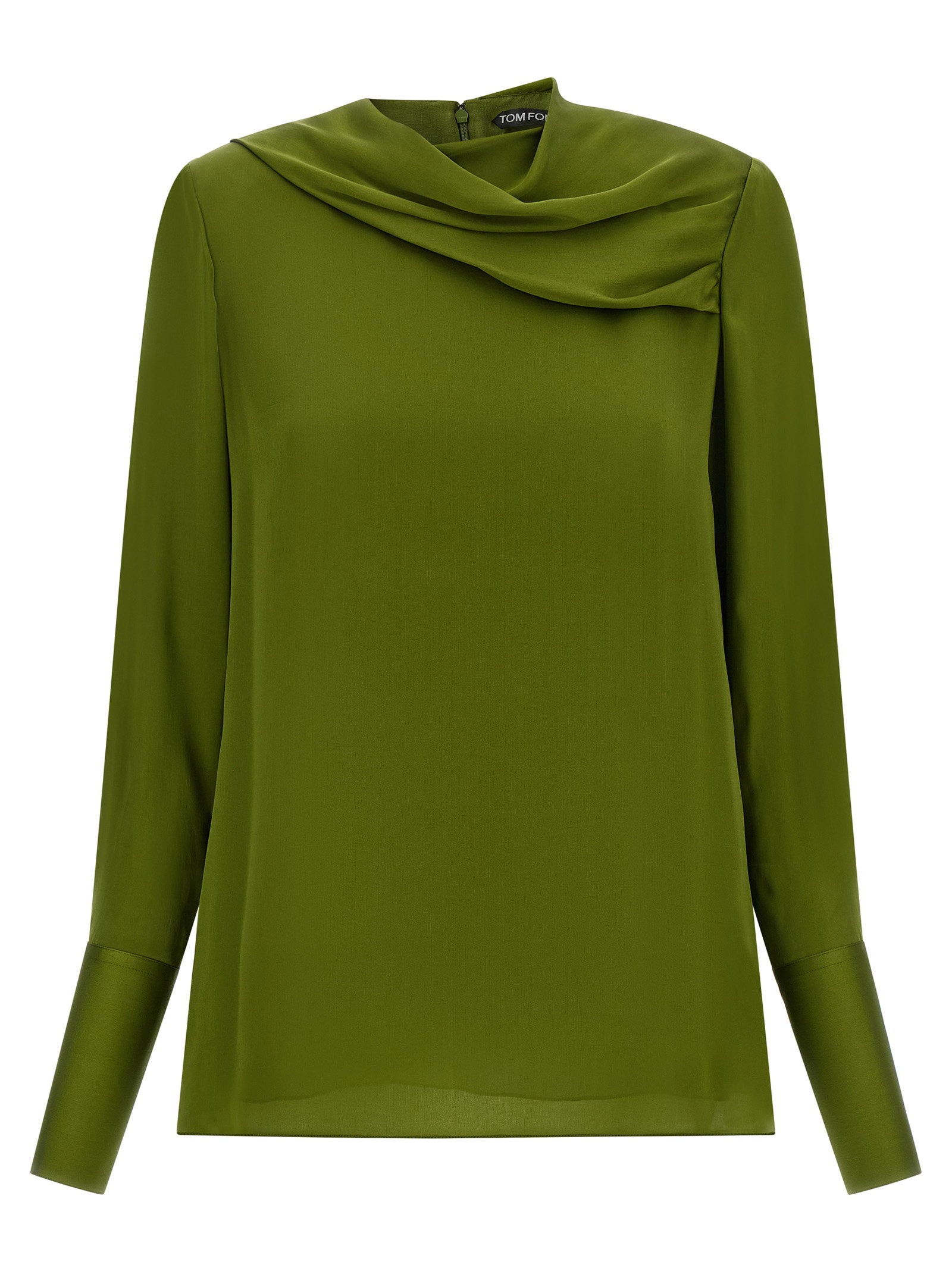 Draped Neck Silk Blouse — olive green
