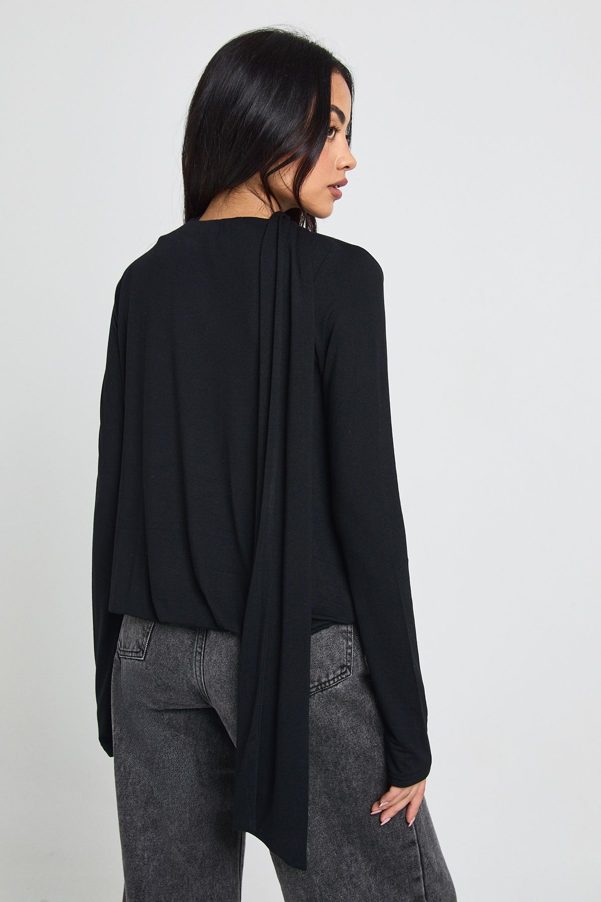 Boohoo Womens Plunge Wrap Long Sleeve Top With Scarf - Black Cotton