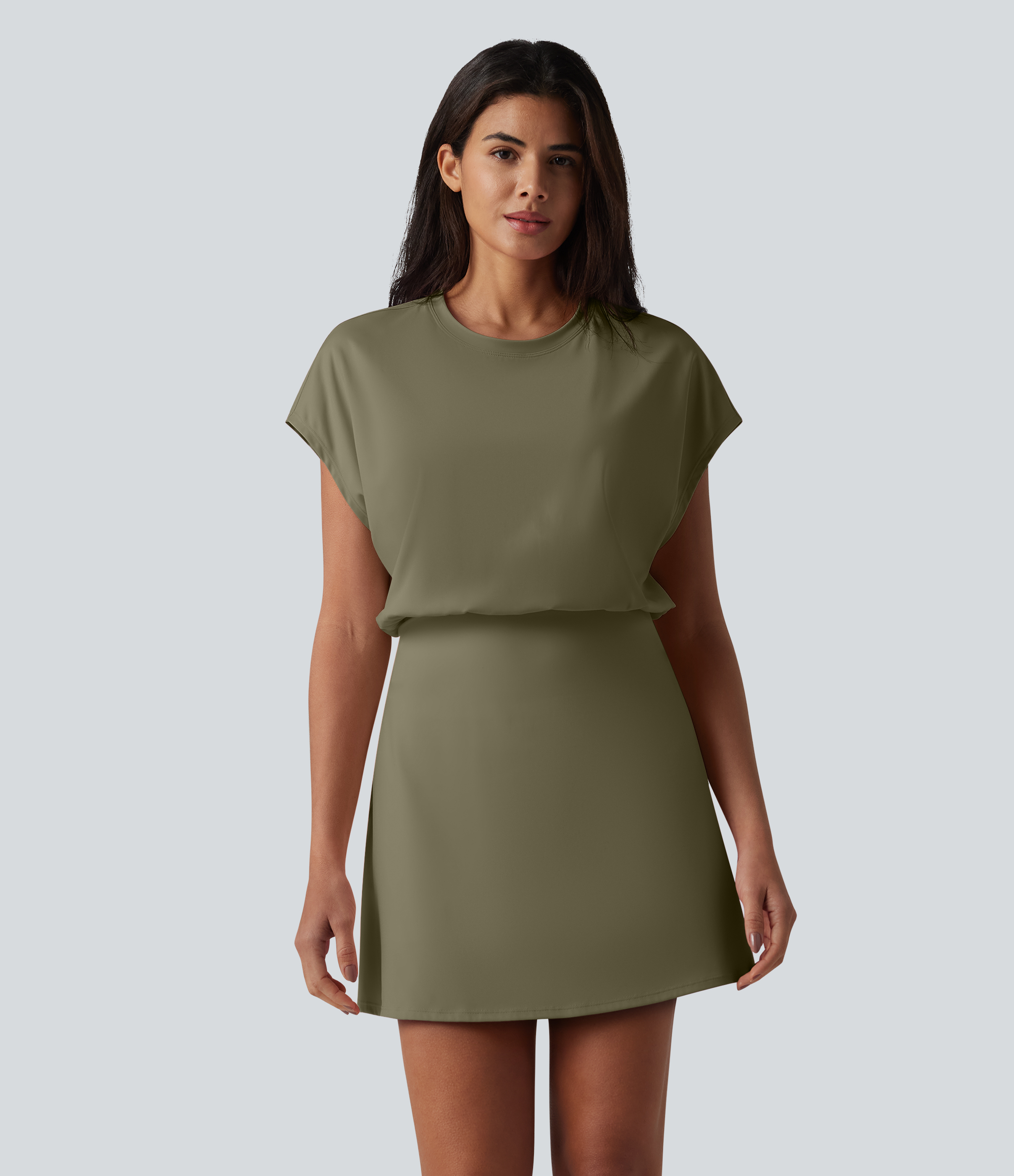 SoftlyZero™ Airy Round Neck Short Sleeve 2-in-1 Cool Touch Mini Yoga Active Dress with Pockets-Easy Peezy Edition Workout Dress - Withered Green