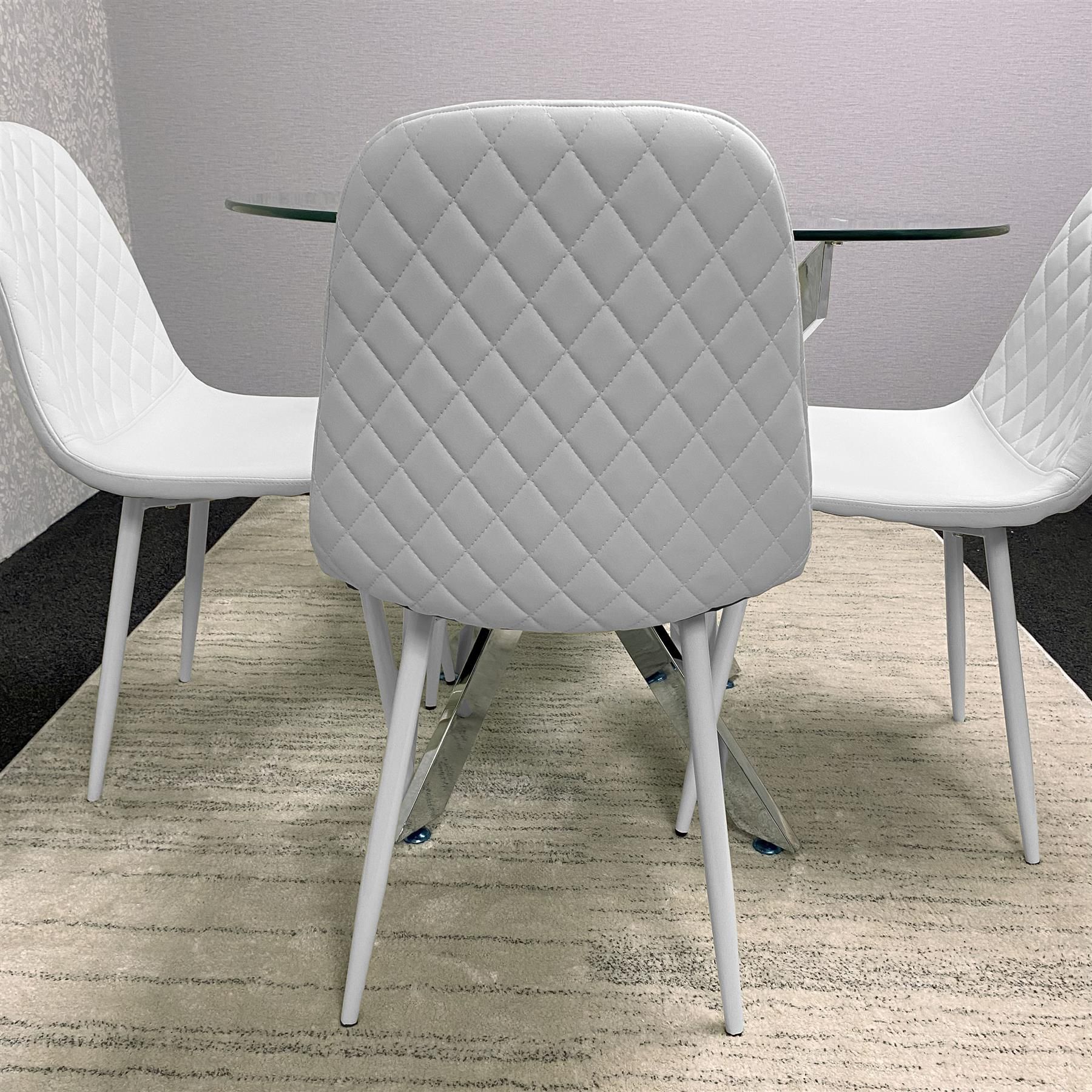 KOSY KOALA Round Glass Dining Table Set With 4 White Gem Pattern Chair