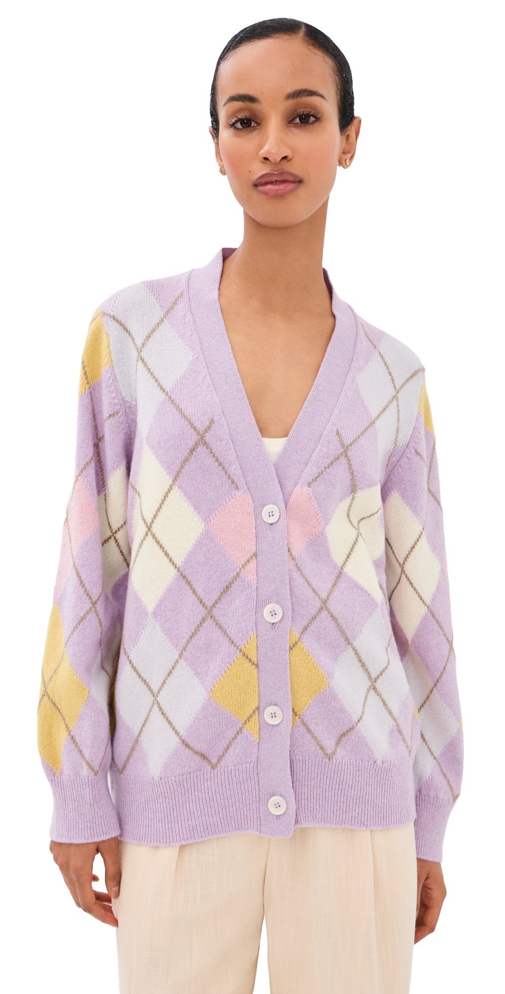&Ava Argyle Wool Cardigan Lilac/White
