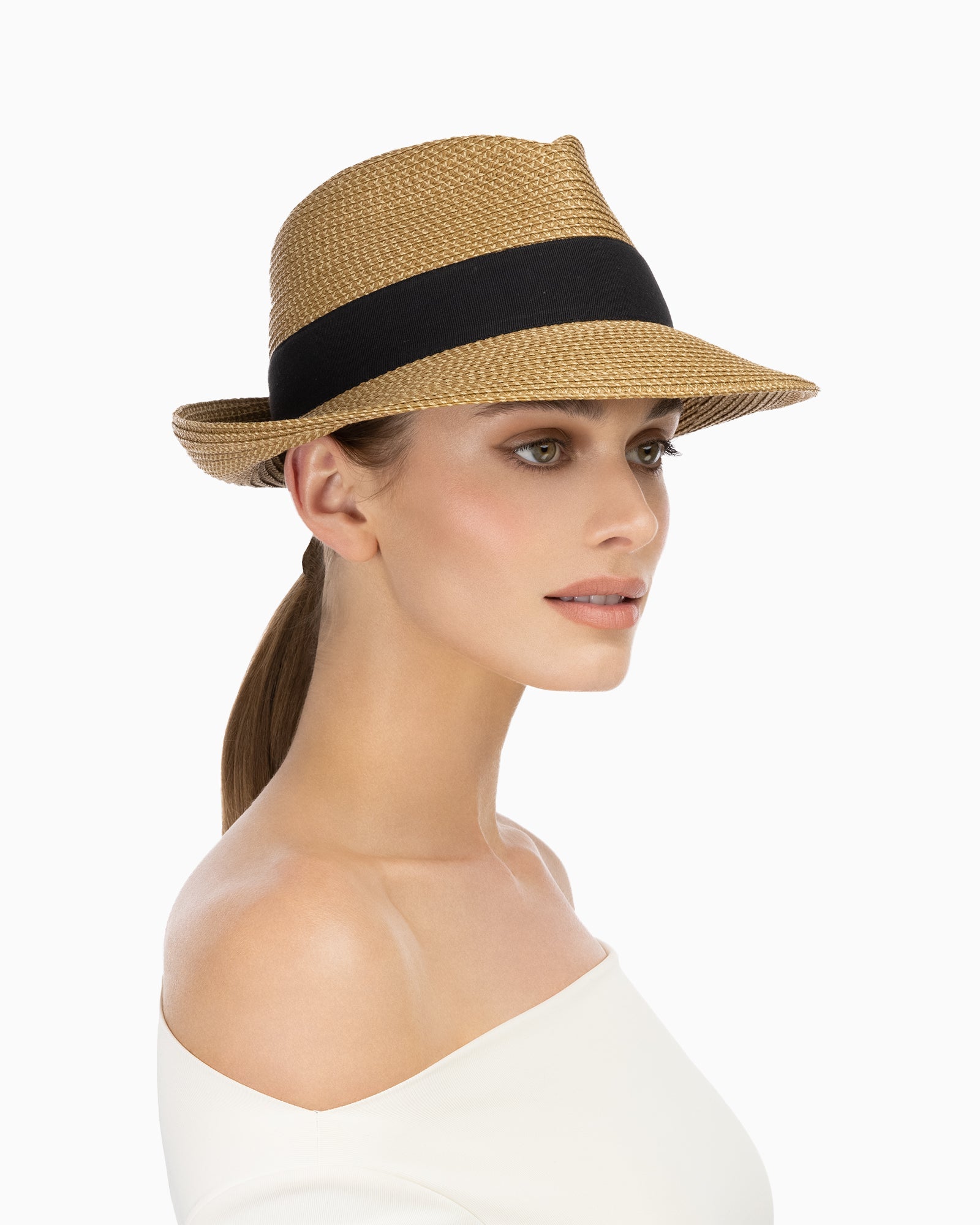 Squishee Classic Fedora for Women, Natural/Black, Packable Straw Hat