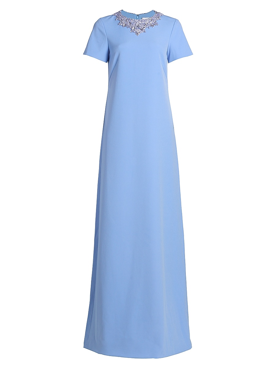Women's Embellished Neckline Crêpe A-Line Gown - Sky Blue