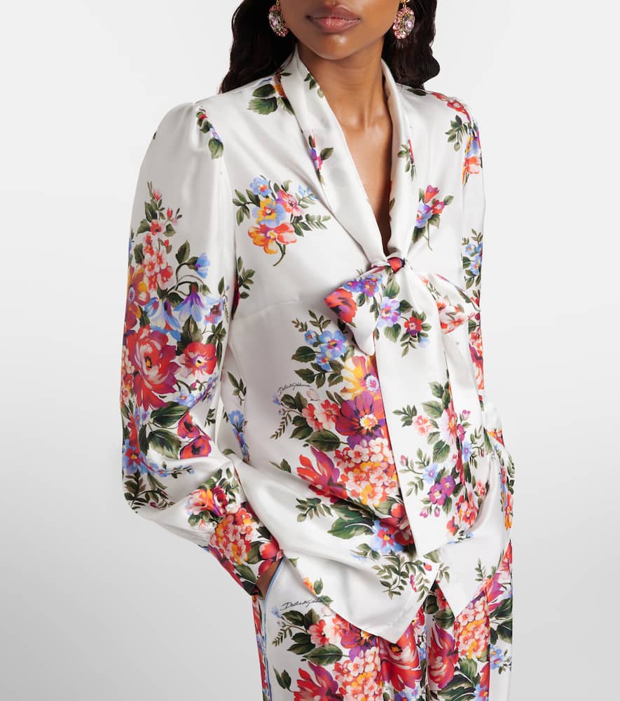 Floral tie-neck silk blouse