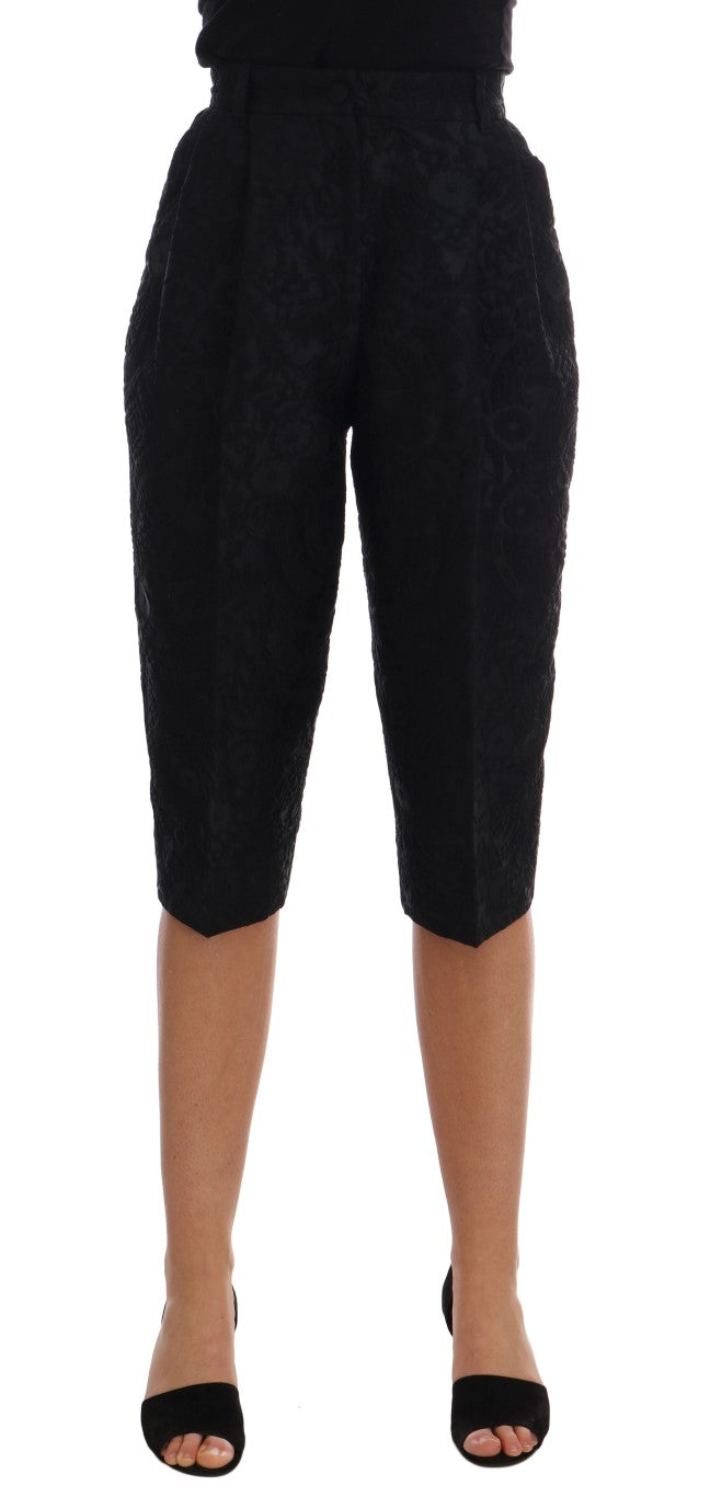 Black Floral Brocade Capri Shorts — Black