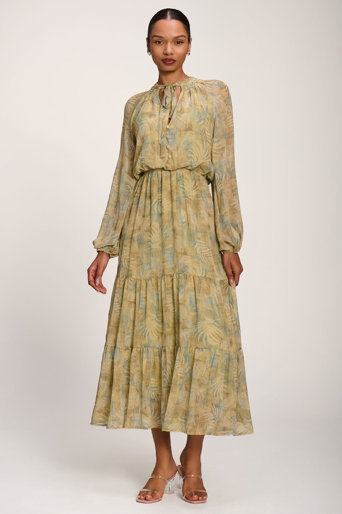 Jolie Moi Women's Chiffon Tie Neckline Maxi Dress in Olive