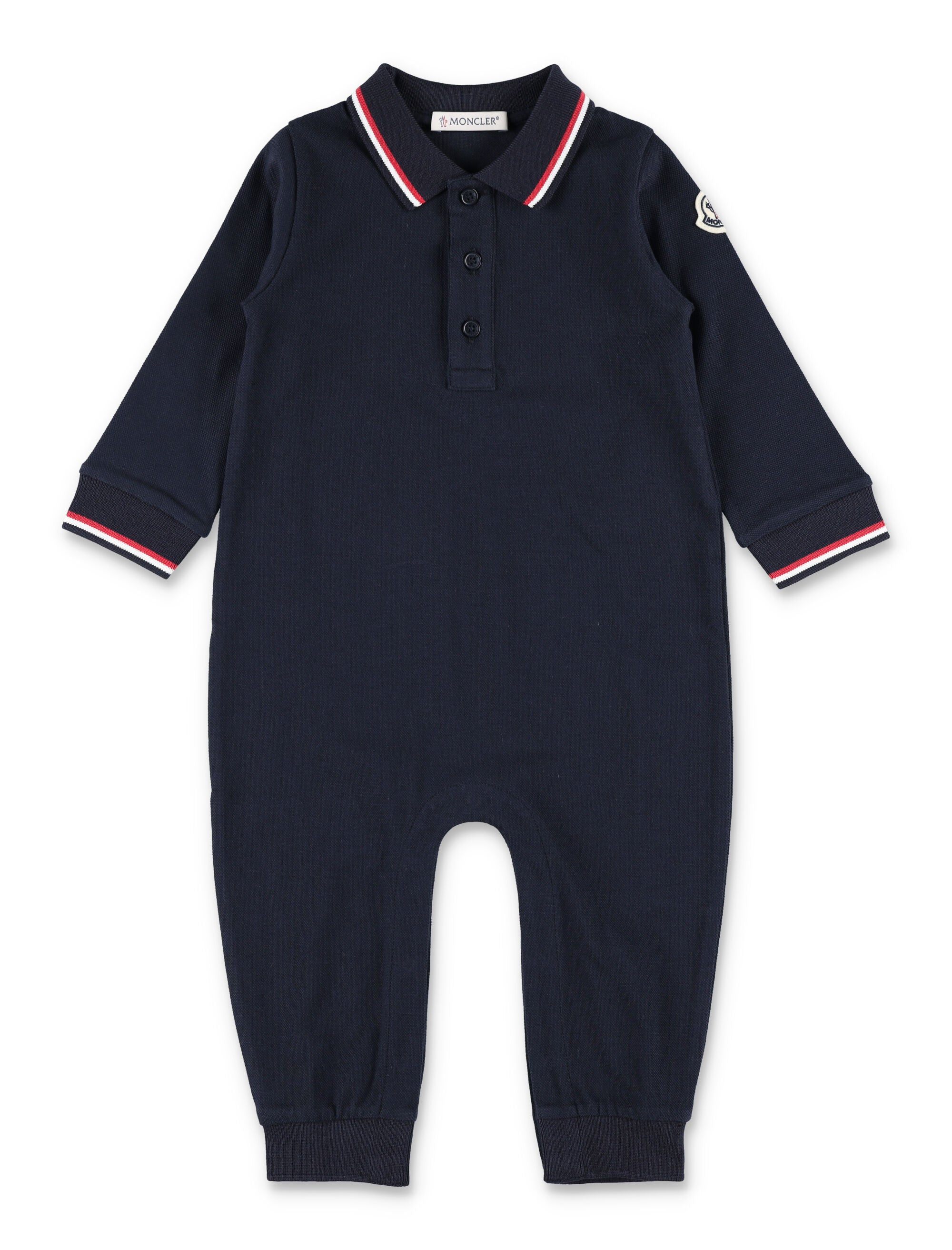 Boys Stretch Cotton Piqué Polo Romper with Ribbed Collar & Tricolor Trim