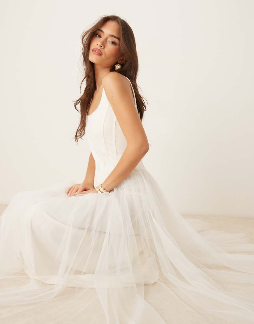Corset tulle drop hem maxi dress in ivory-White