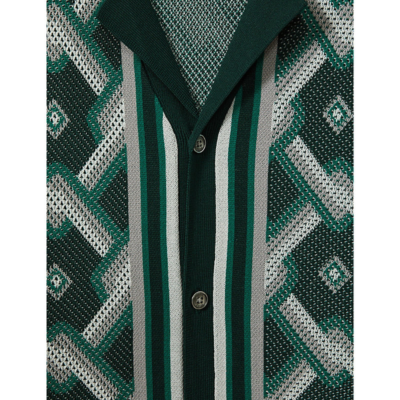 Mens Green Multi Hyde Geometric-print Short-sleeve Knitted Shirt S