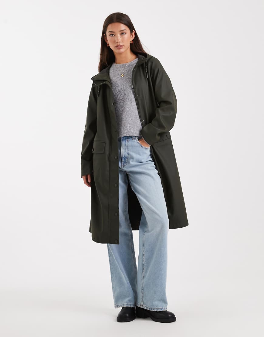 Longline hooded raincoat in peat green