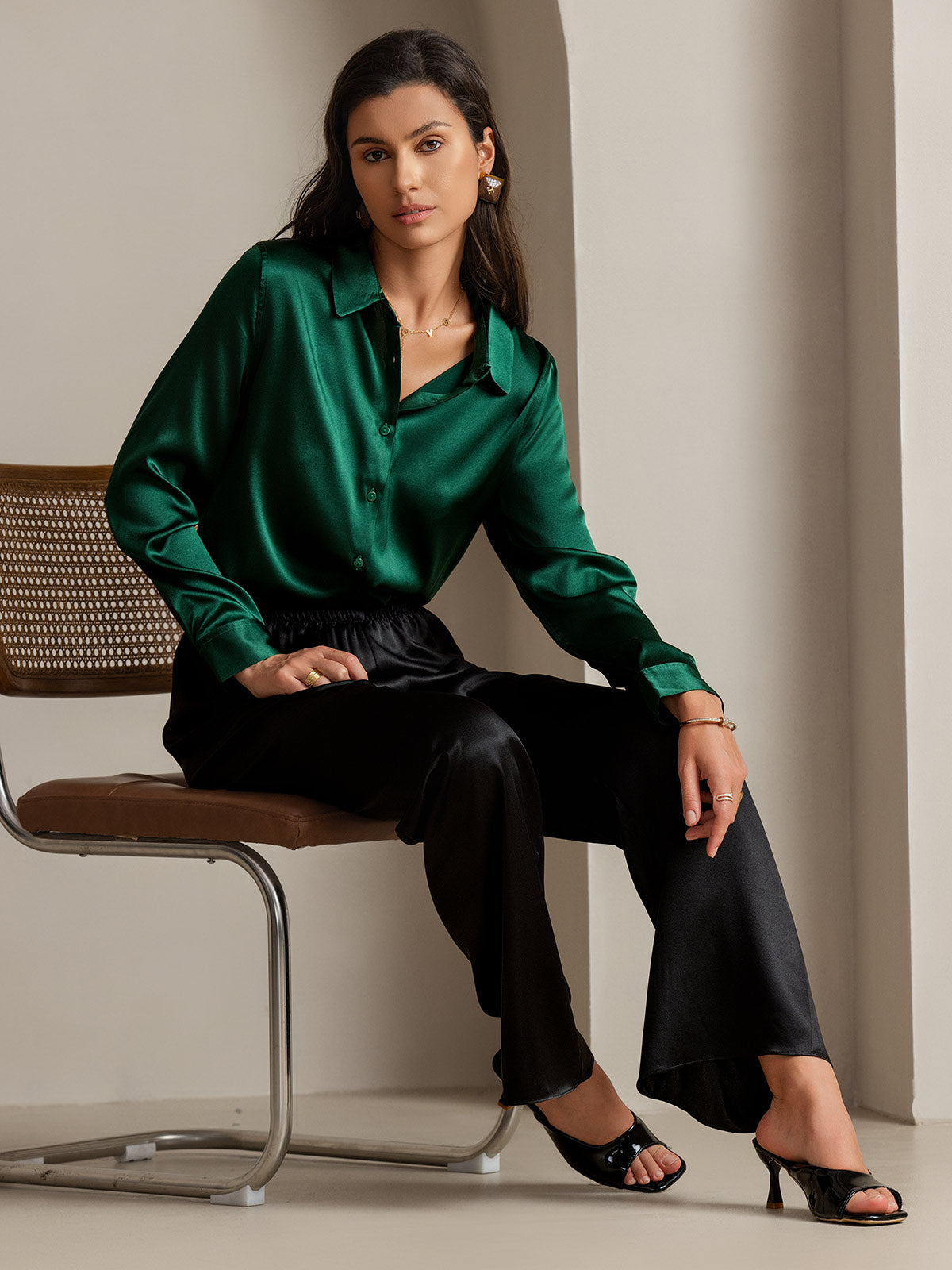 19Momme Silk Long Sleeve Lapel Collar Women's Shirt with Button Up Design