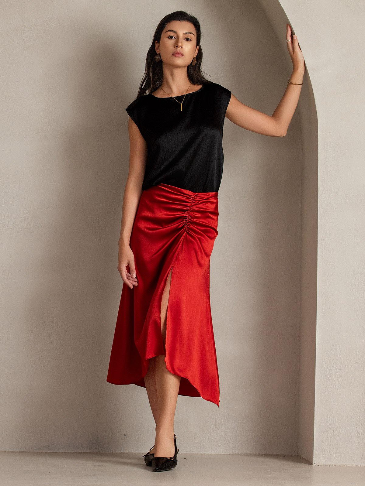 Silk Pleated High Slit Skirt