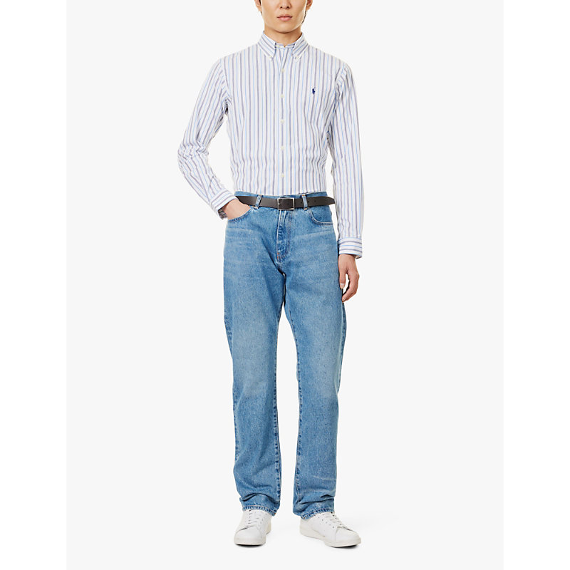 Mens White/blueLogo-embroidered Striped Stretch-cotton Shirt