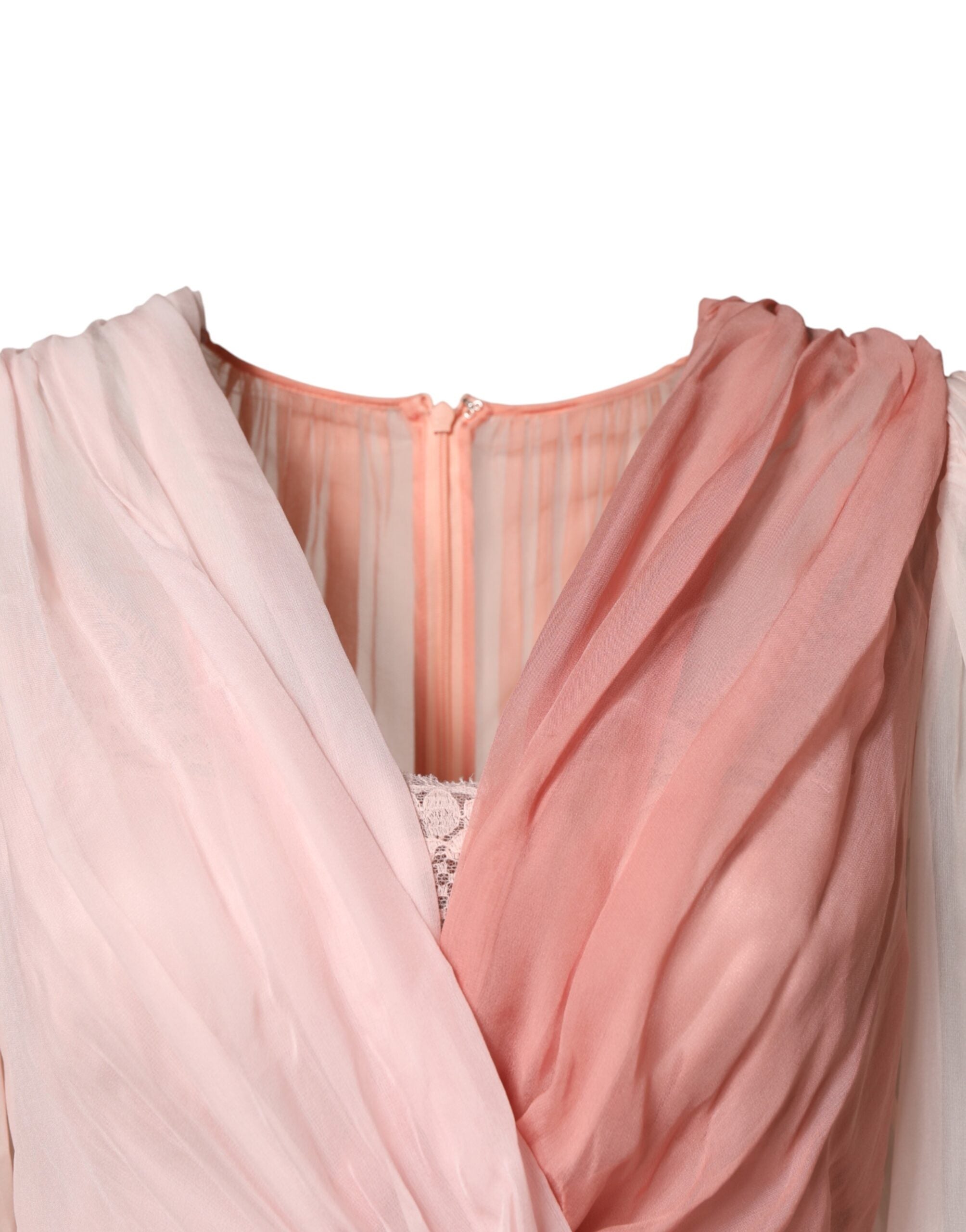 Silk Tulle Long Sleeve V-Neck Dress — Pink