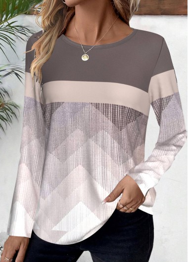Modlily Light Coffee Patchwork Geometric Print Long Sleeve T Shirt