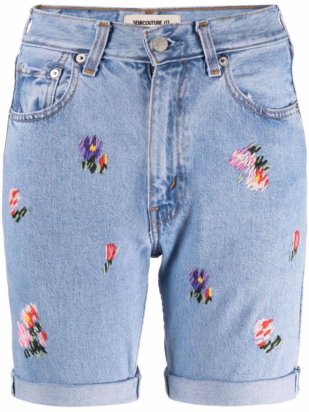 Mathilde floral-embroidered denim shorts - Blue