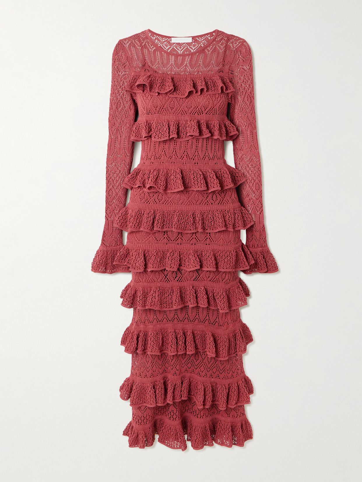 Wanderlust Ruffled Open-knit Maxi Dress - Red