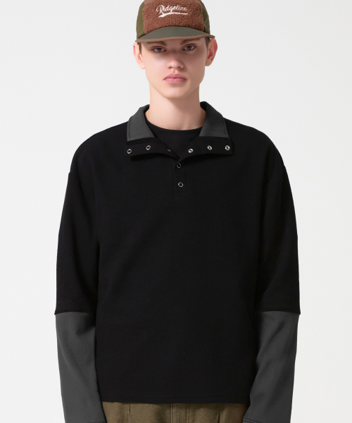 Waffle Ring Snap Collar Henley Neck Long Sleeve_Black