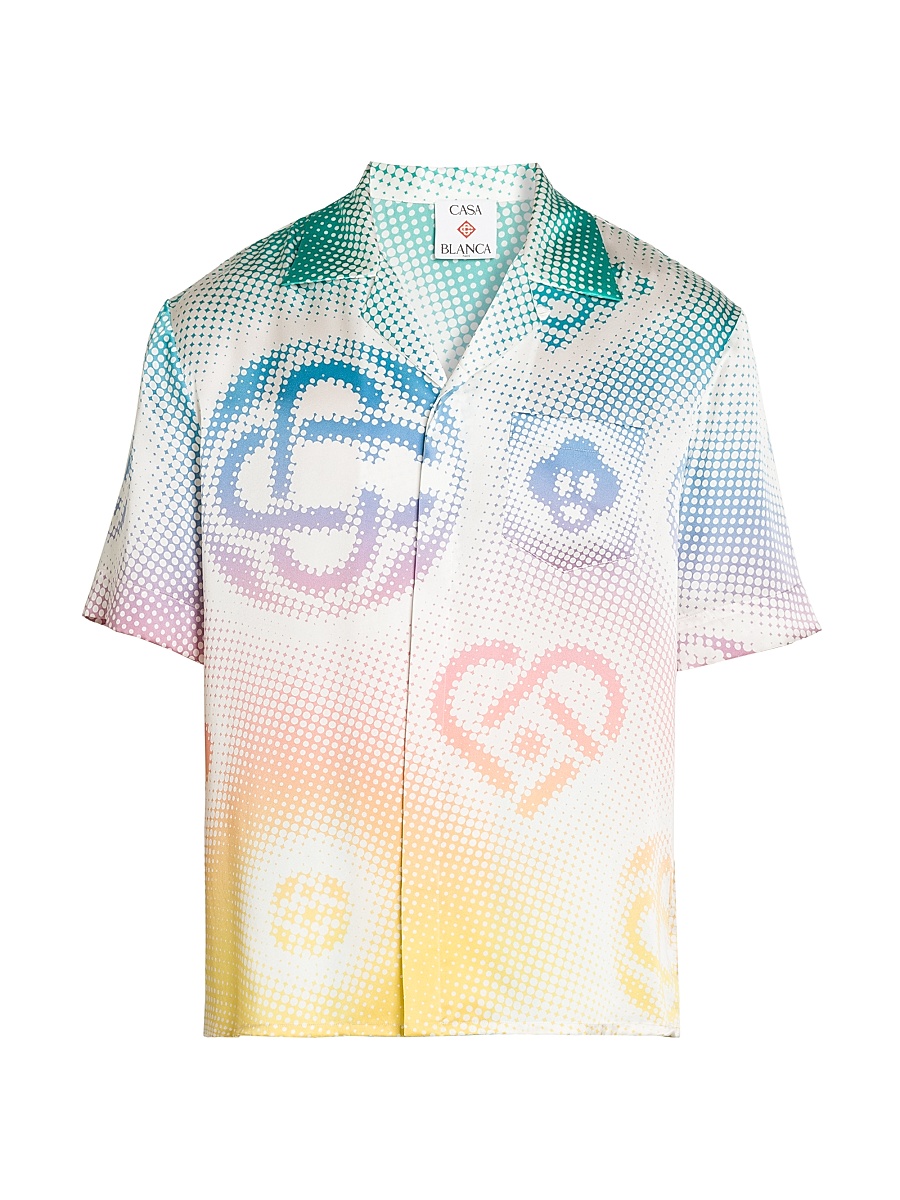 Men's Halftone Logo Silk Button-Front Shirt - Halftone Logos Repeat