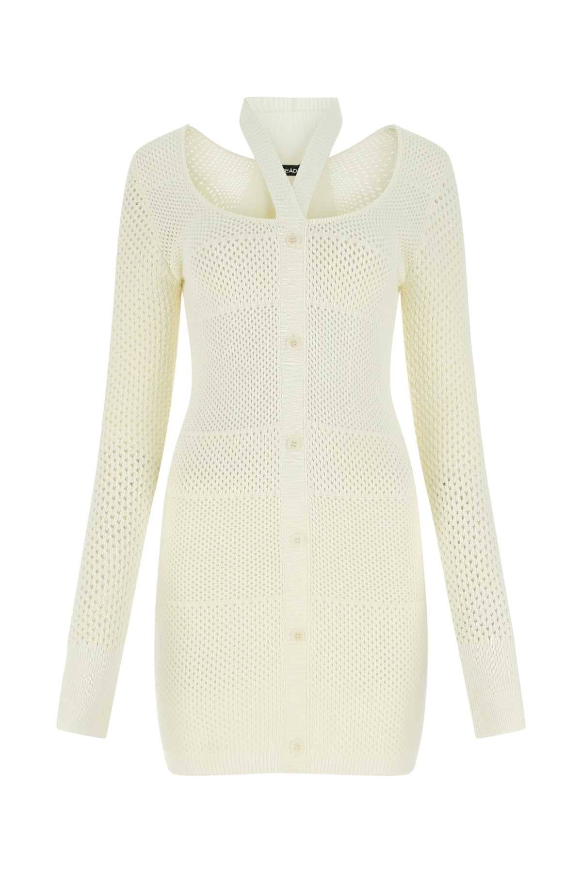 Open-Collar Knit Dress — Beige