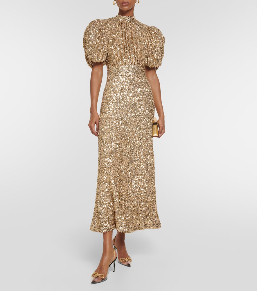 Rotate Sequined puff-sleeve midi dress