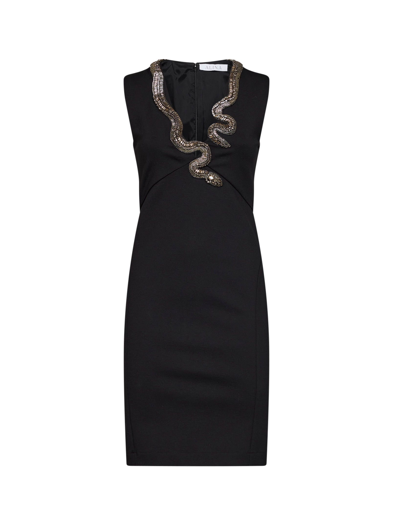 Jeweled Snake Embroidery Dress — Black