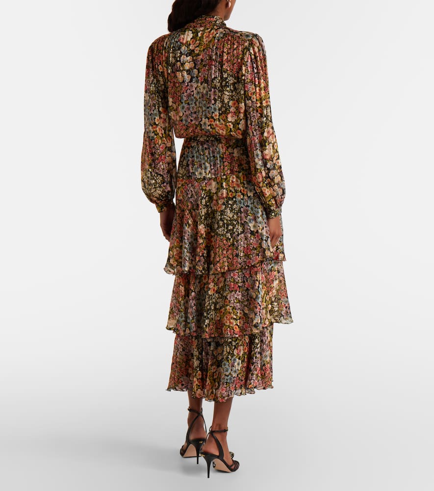 Floral plissé tiered silk maxi skirt
