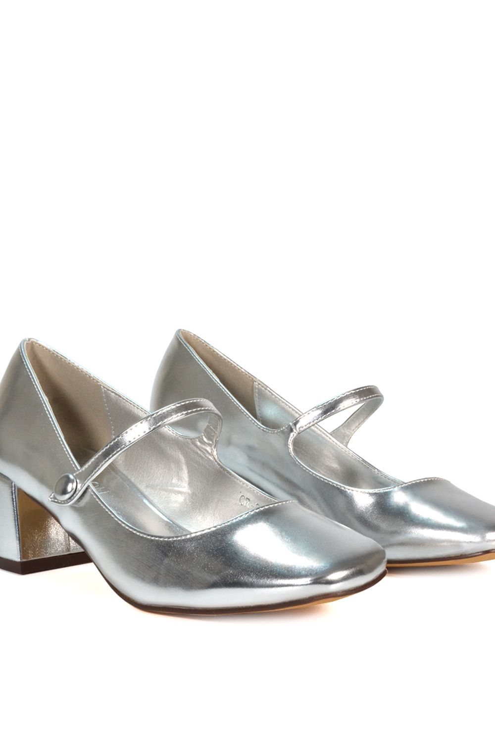 XY London Women's 'Leneka' Mary Jane Low Block Heel Court Shoes in Metallic Silver