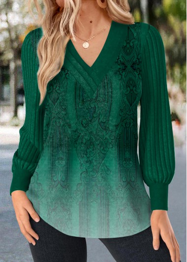 Modlily Green Patchwork Ombre Long Sleeve V Neck T Shirt