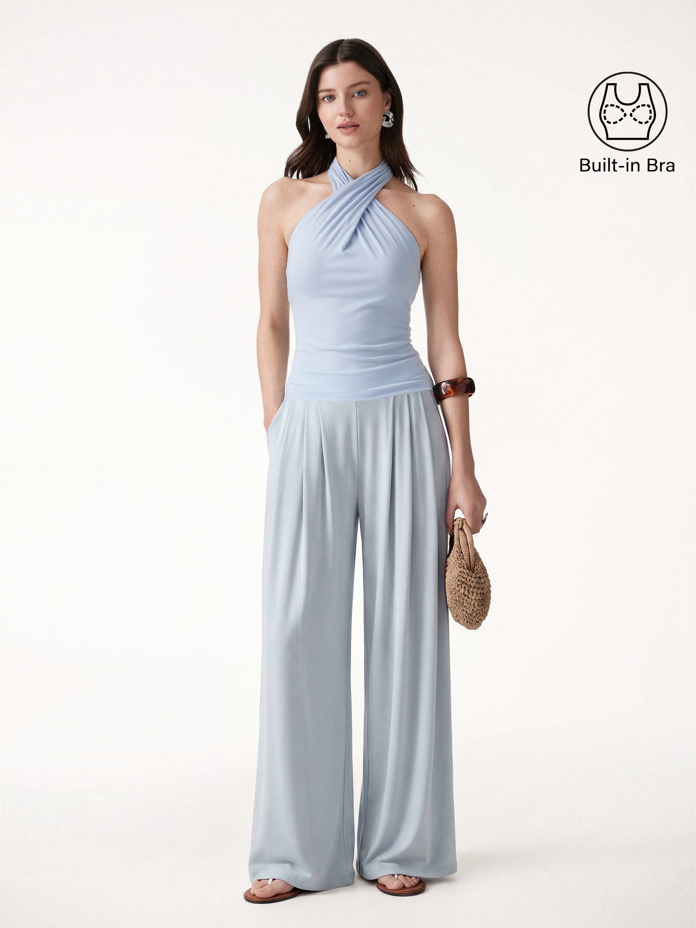 2Pcs Set Criss Cross Bra Top & Tucked Palazzo Pants with Pockets - Dew Sky Blue/Smoke Blue / XS