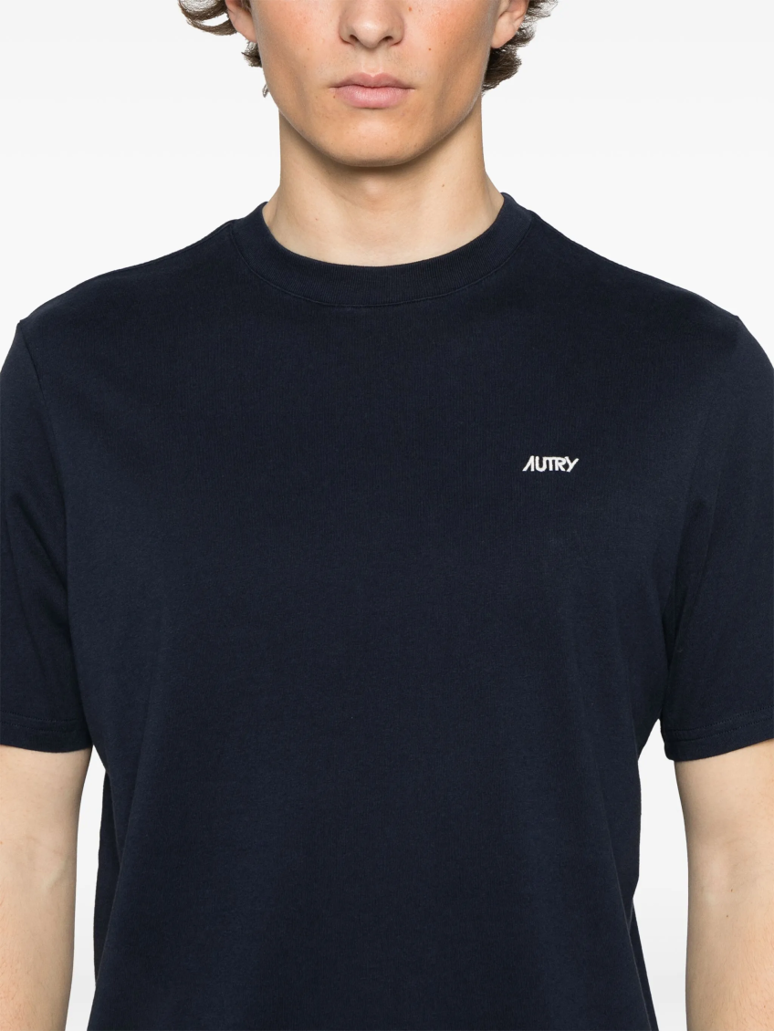 Blue Round Neck T-shirt With Logo Embroidered On The Front In Cotton Man