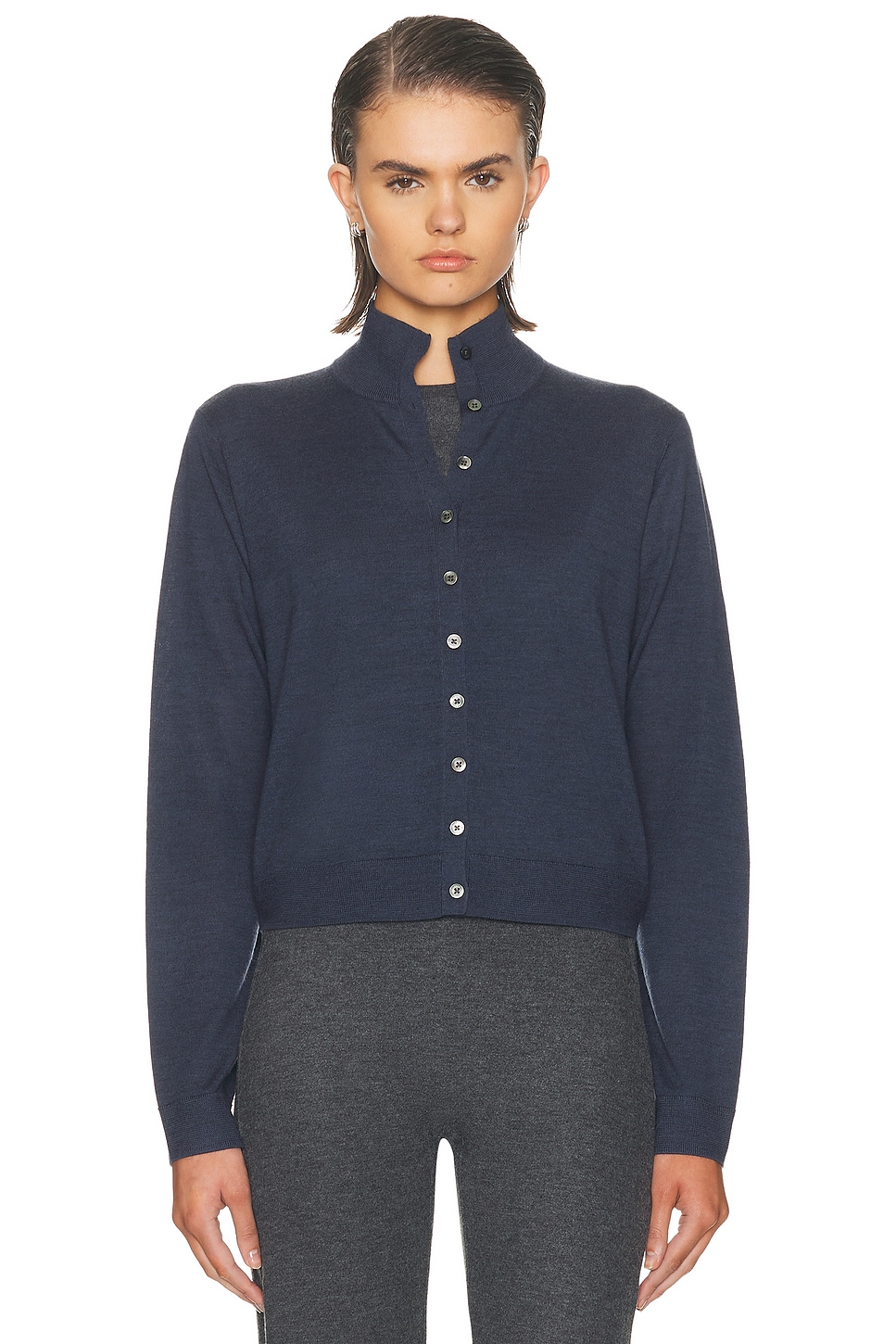 LESET James Mock Neck Cardigan in Marine Melange - Navy. S also in XS