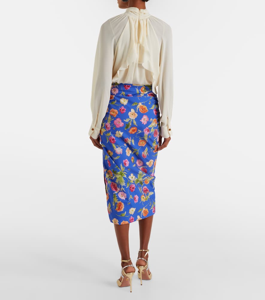 Floral ruched cotton-blend midi skirt