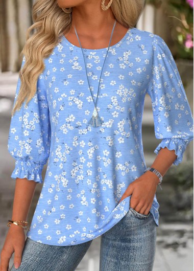 Modlily Blue Ditsy Floral Print 3/4 Sleeve Round Neck Blouse
