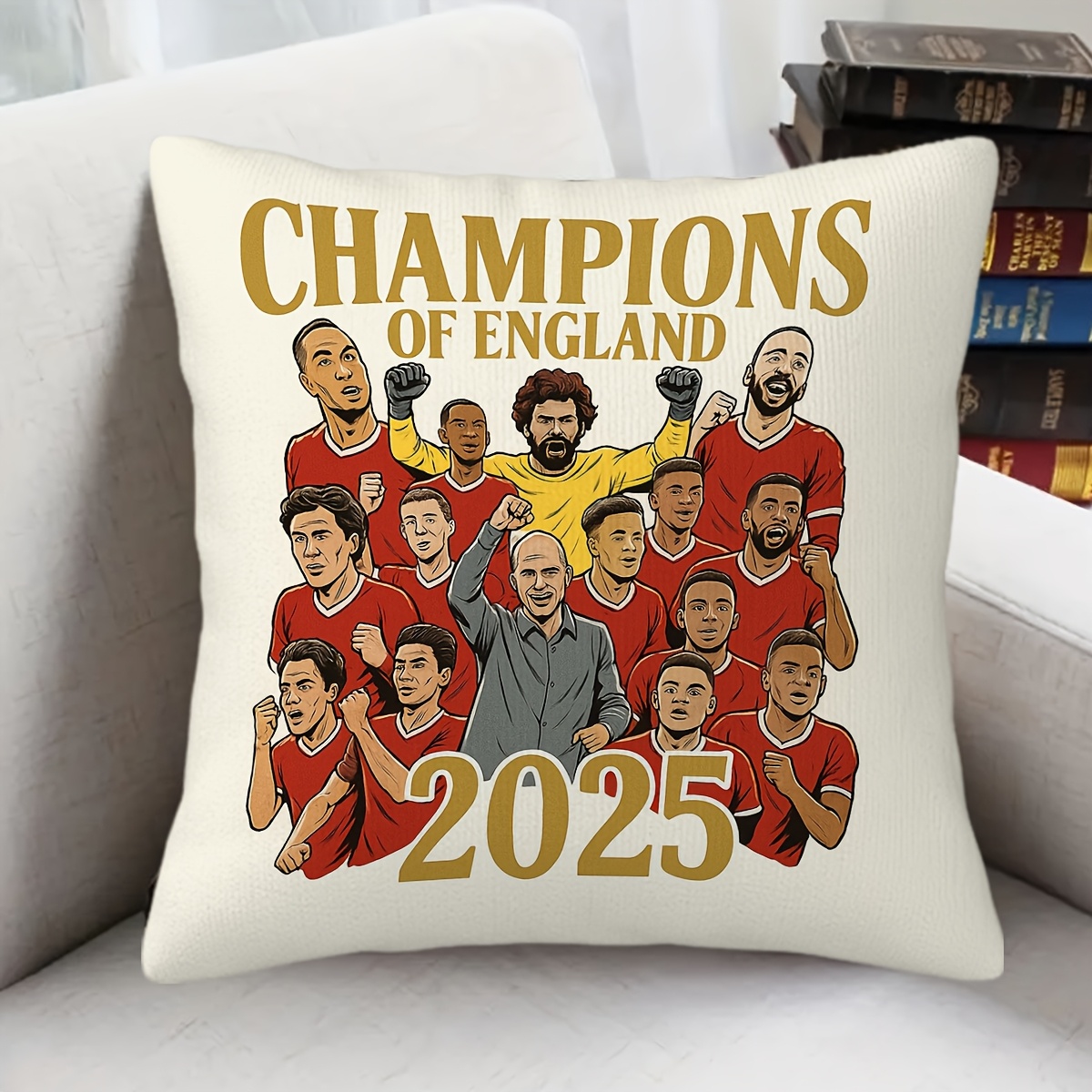 TEMU England Champions 2025 Soccer Team Pillow Case - Red Jerseys & Golden Lettering, Zipper Closure Decorative Cushion Cover For Living Roo