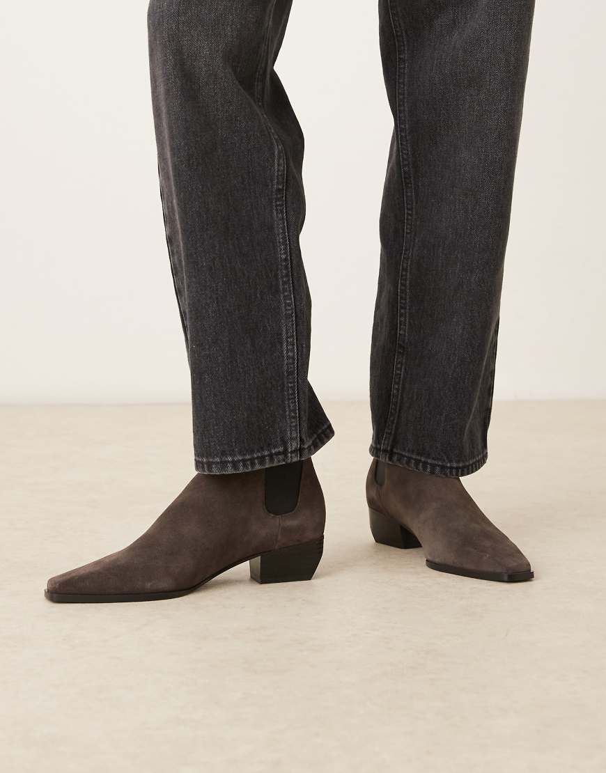 Suede square toe low heeled western ankle boot in grey