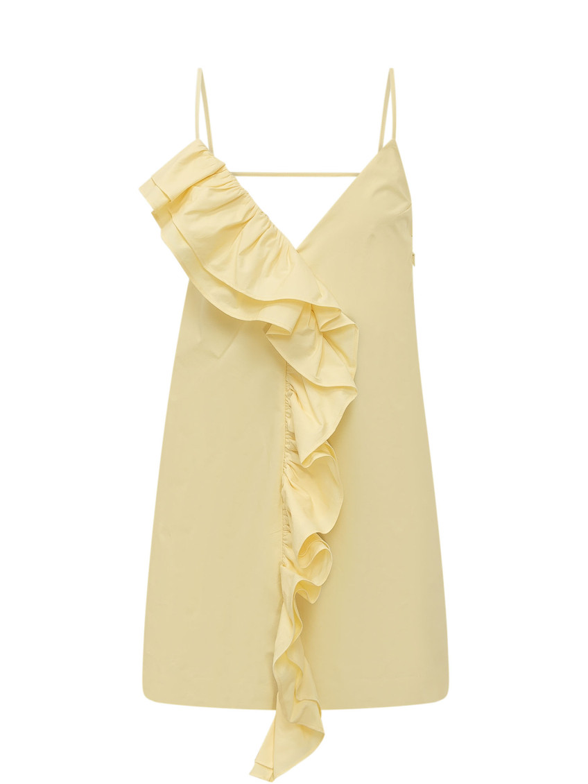 Yellow Solid V Neck Knee Length Dress