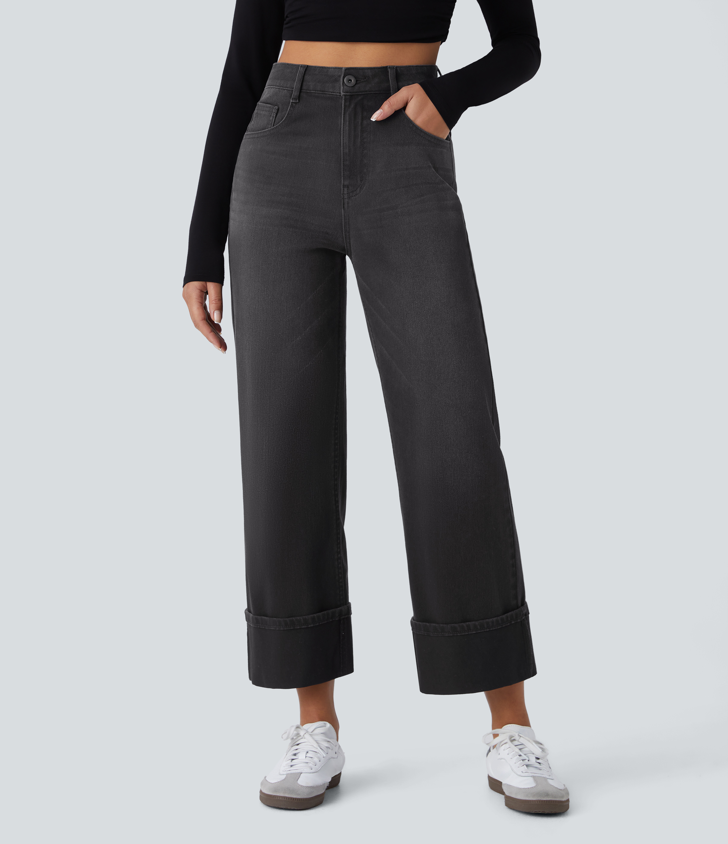 Flex™ High Waisted Pockets Rolled Hem Wide Leg Washed Casual Jeans  - Deep Ink Black Denim