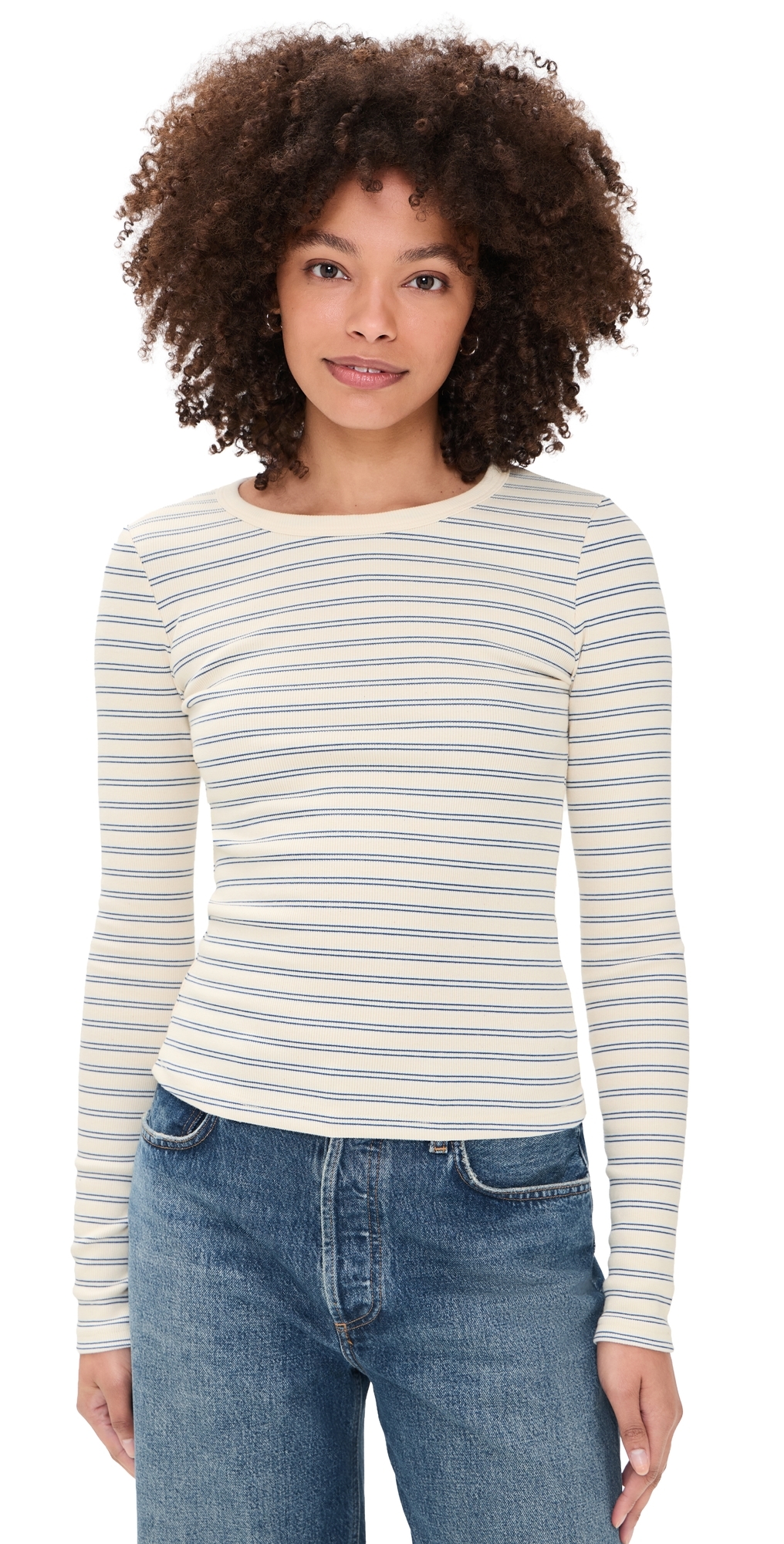 Long Sleeve Ribbed Crewneck Double Stripe Blue